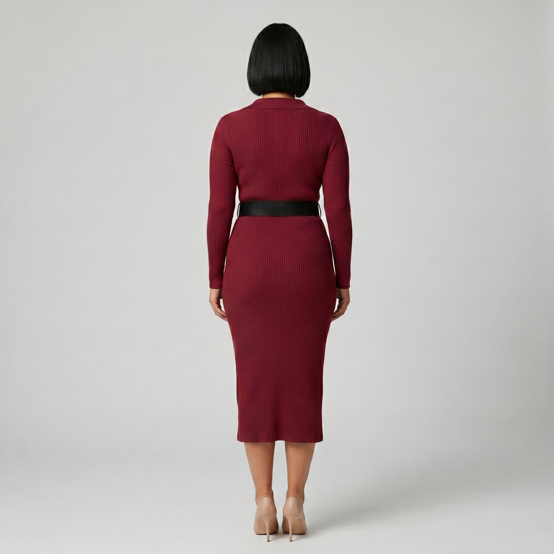 Figurbetontes Strick-Midikleid Damen Weinrot, Seitenansicht