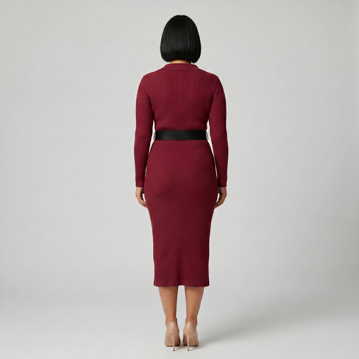 Figurbetontes Strick-Midikleid Damen Weinrot, Seitenansicht