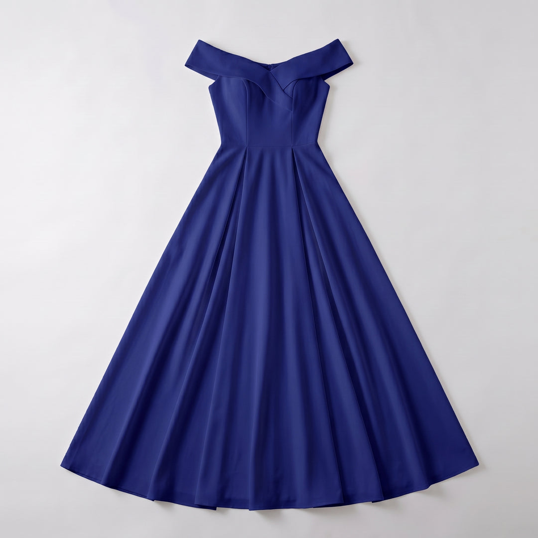Royalblaues Off-Shoulder Abendkleid in A-Linie, Flat-Lay Vorderansicht