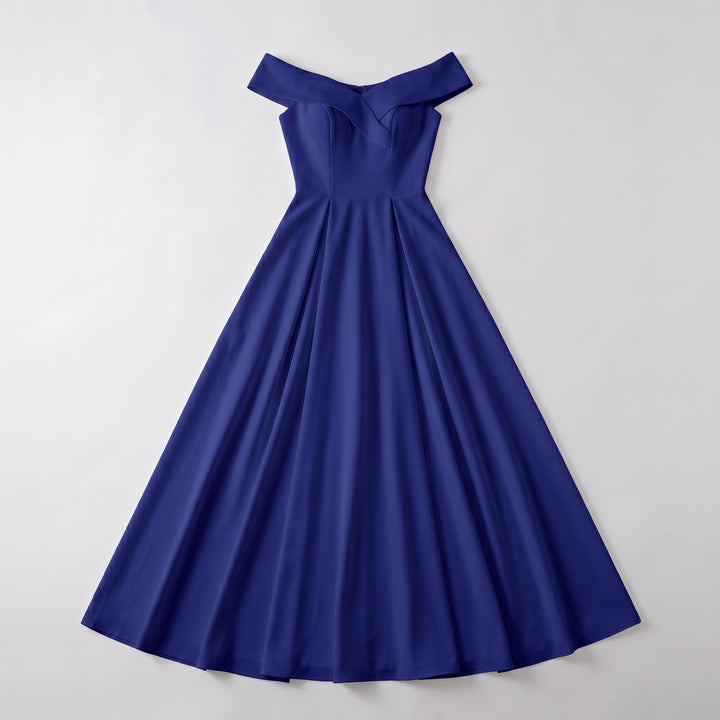 Royalblaues Off-Shoulder Abendkleid in A-Linie, Flat-Lay Vorderansicht