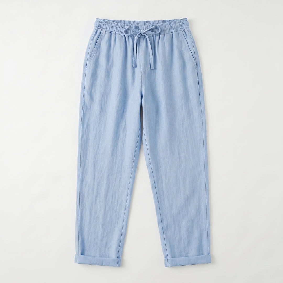 Leinenhose Hellblau Flat-Lay, elastischer Taillenbund, umgeschlagener Saum
