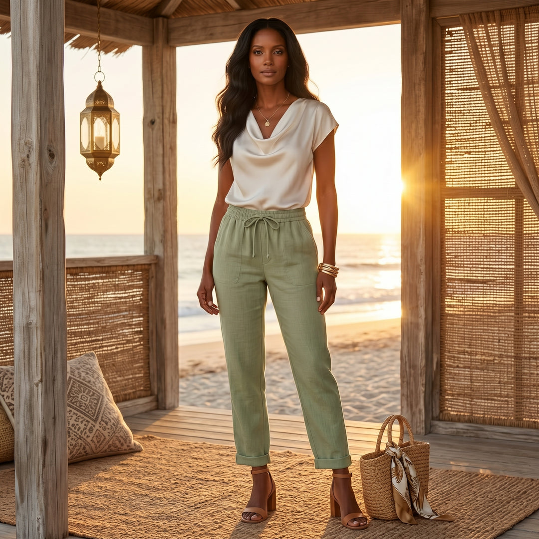 Leinenhose Olivgrün im Abend-Lifestyle am Strand, eleganter Sommerstyle
