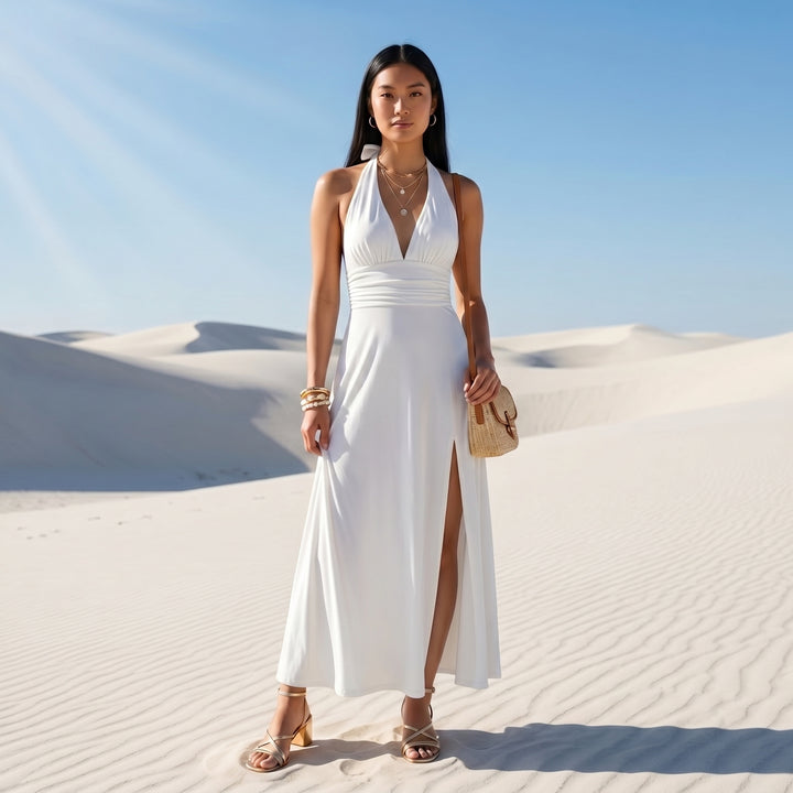 Damen Maxikleid Weiß Neckholder V-Ausschnitt Schlitz Lifestyle Sommerlook Dünen