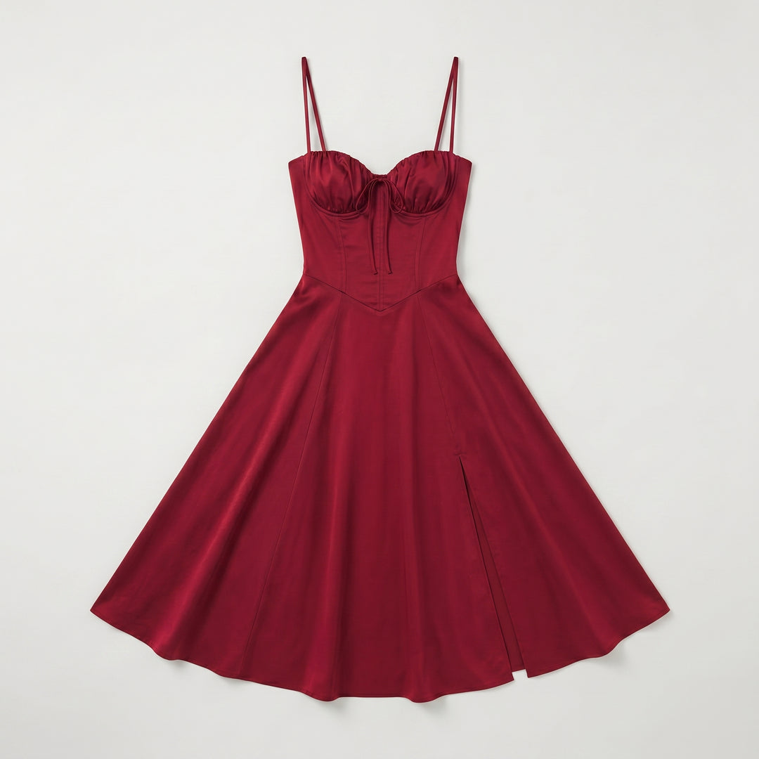 Bustierkleid Bordeaux, A-Linie mit seitlichem Schlitz, Flat-Lay