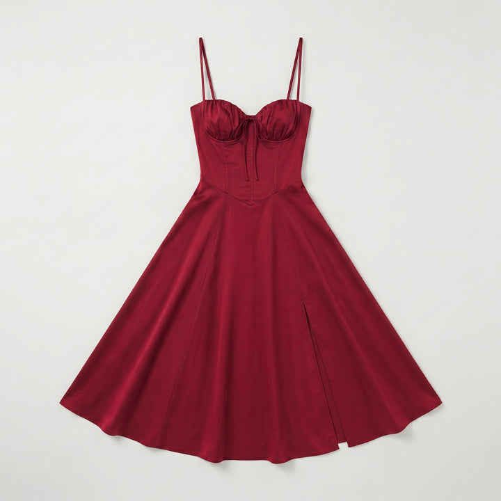 Bustierkleid Bordeaux, A-Linie mit seitlichem Schlitz, Flat-Lay