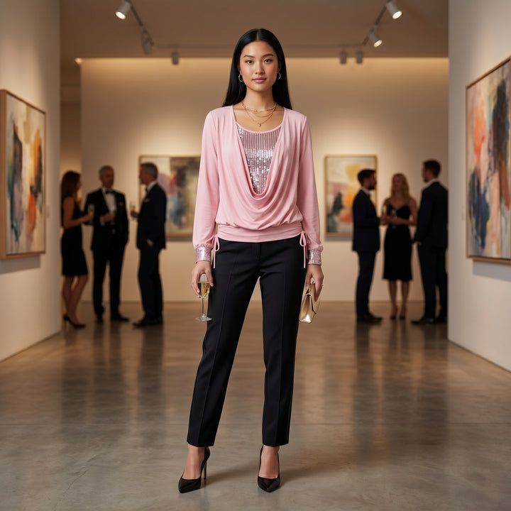 Rosa Paillettenbluse in Kunstgalerie, festliches Abend-Styling