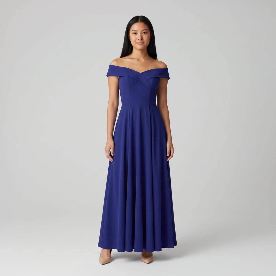 Royalblaues Off-Shoulder Abendkleid in A-Linie, bodenlang, Vorderansicht