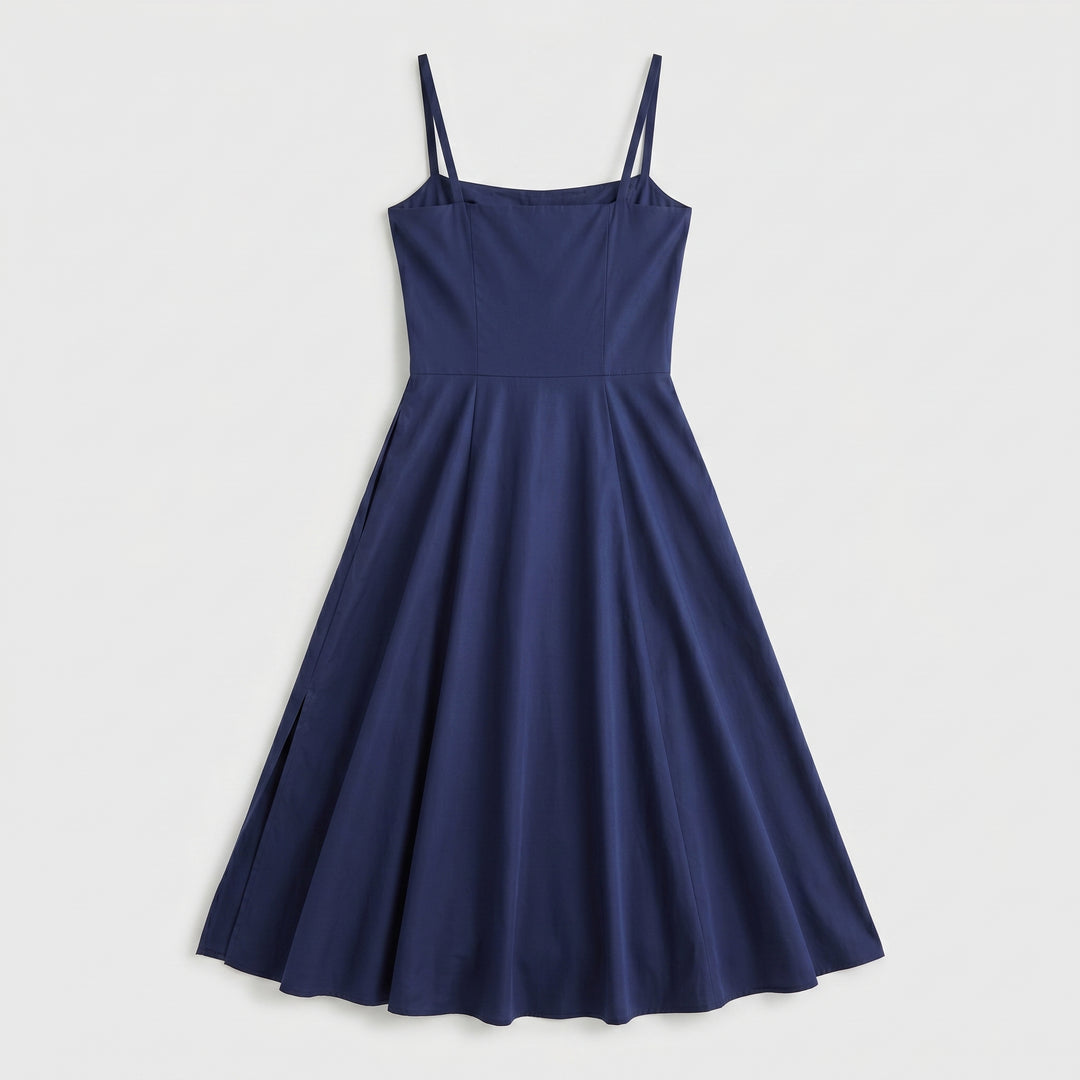Bustierkleid Dunkelblau, quadratischer Ausschnitt, schwingender Rock, Flat-Lay