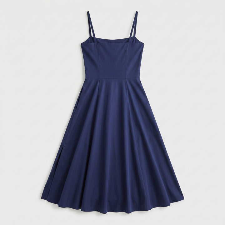 Bustierkleid Dunkelblau, quadratischer Ausschnitt, schwingender Rock, Flat-Lay
