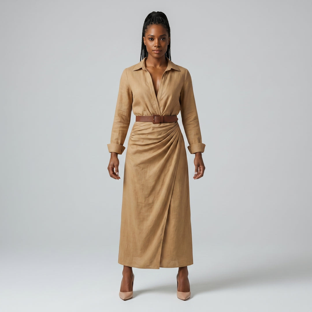 Damen Maxikleid Khaki mit Taillengürtel und Umlegekragen, Vorderansicht