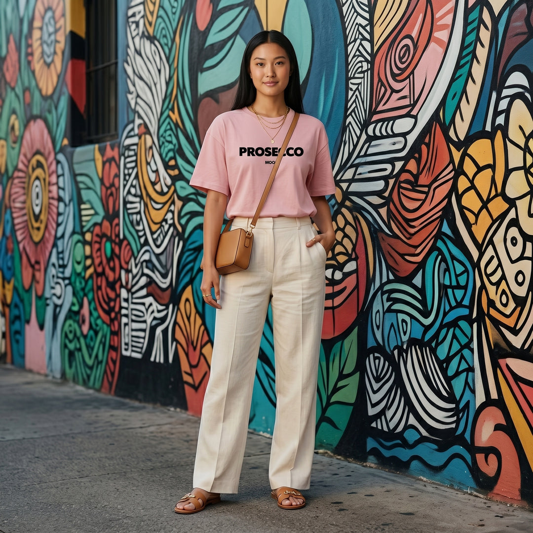 Rosafarbenes Prosecco Mood T-Shirt im Streetstyle mit buntem Wandhintergrund