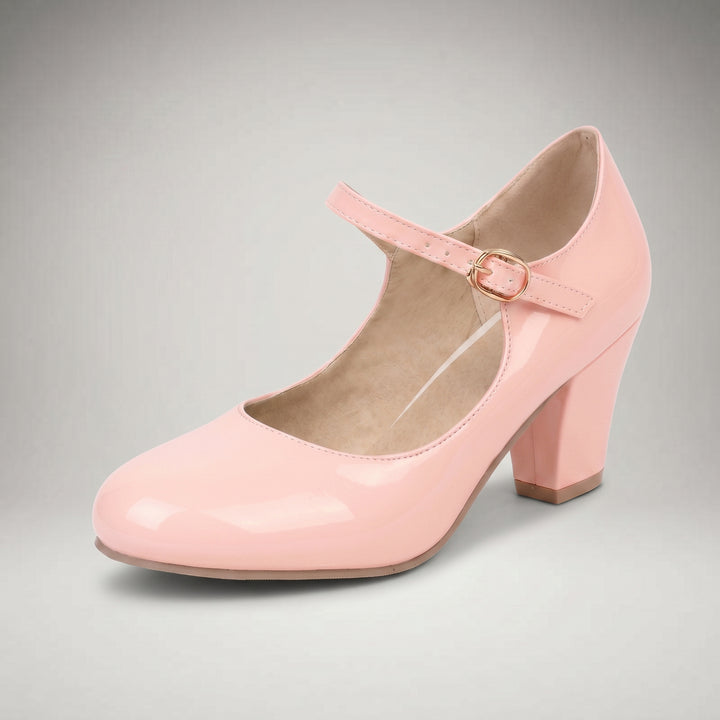 Rosa Mary Jane Pumps mit Blockabsatz und Schnallenriemen, Dreiviertelansicht