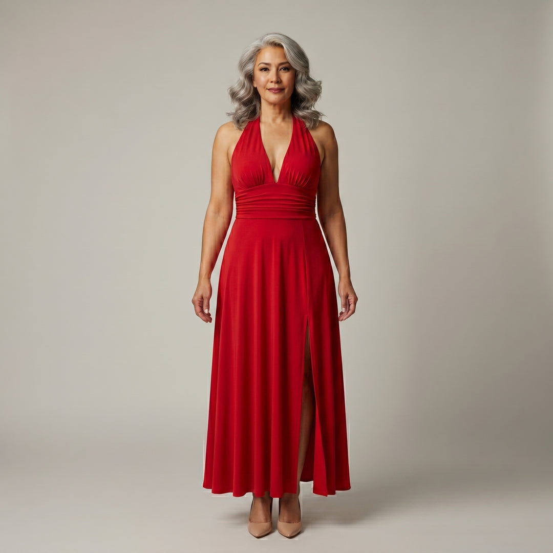 Damen Maxikleid Rot Neckholder tiefer V-Ausschnitt Seitenschlitz Vorderansicht