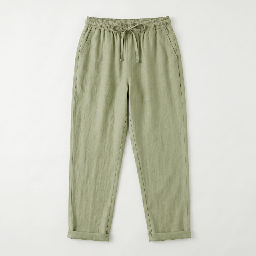 Leinenhose Olivgrün Flat-Lay, elastischer Bund mit Kordelzug