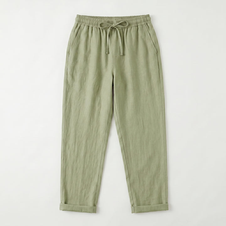 Leinenhose Olivgrün Flat-Lay, elastischer Bund mit Kordelzug
