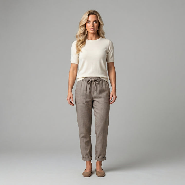 Damen Leinenhose Grau, lockerer Schnitt, Kordelzug-Bund, Frontansicht Studio