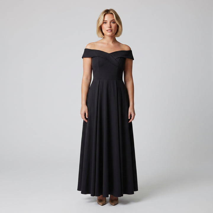 Schwarzes Off-Shoulder Abendkleid in A-Linie, bodenlang, Vorderansicht