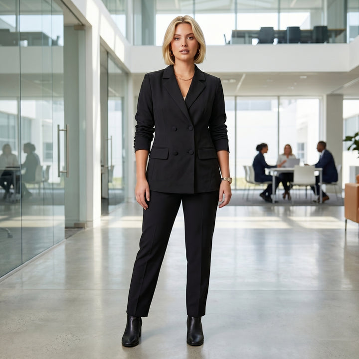 Schwarzer Damen-Blazer im Büro-Outfit mit schwarzer Hose, Ganzkörper