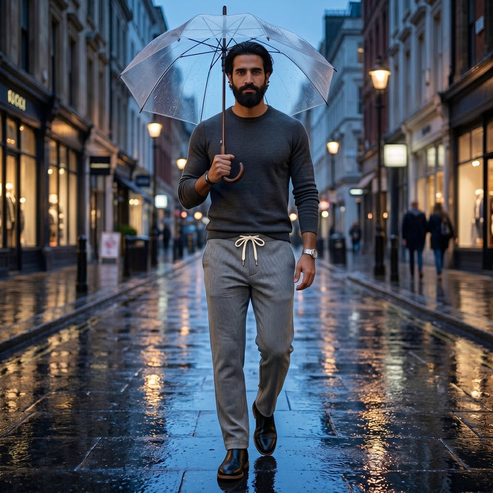 Herren Cordhose in Grau mit Strickpullover und Schnürschuhen kombiniert, Streetstyle bei Regen