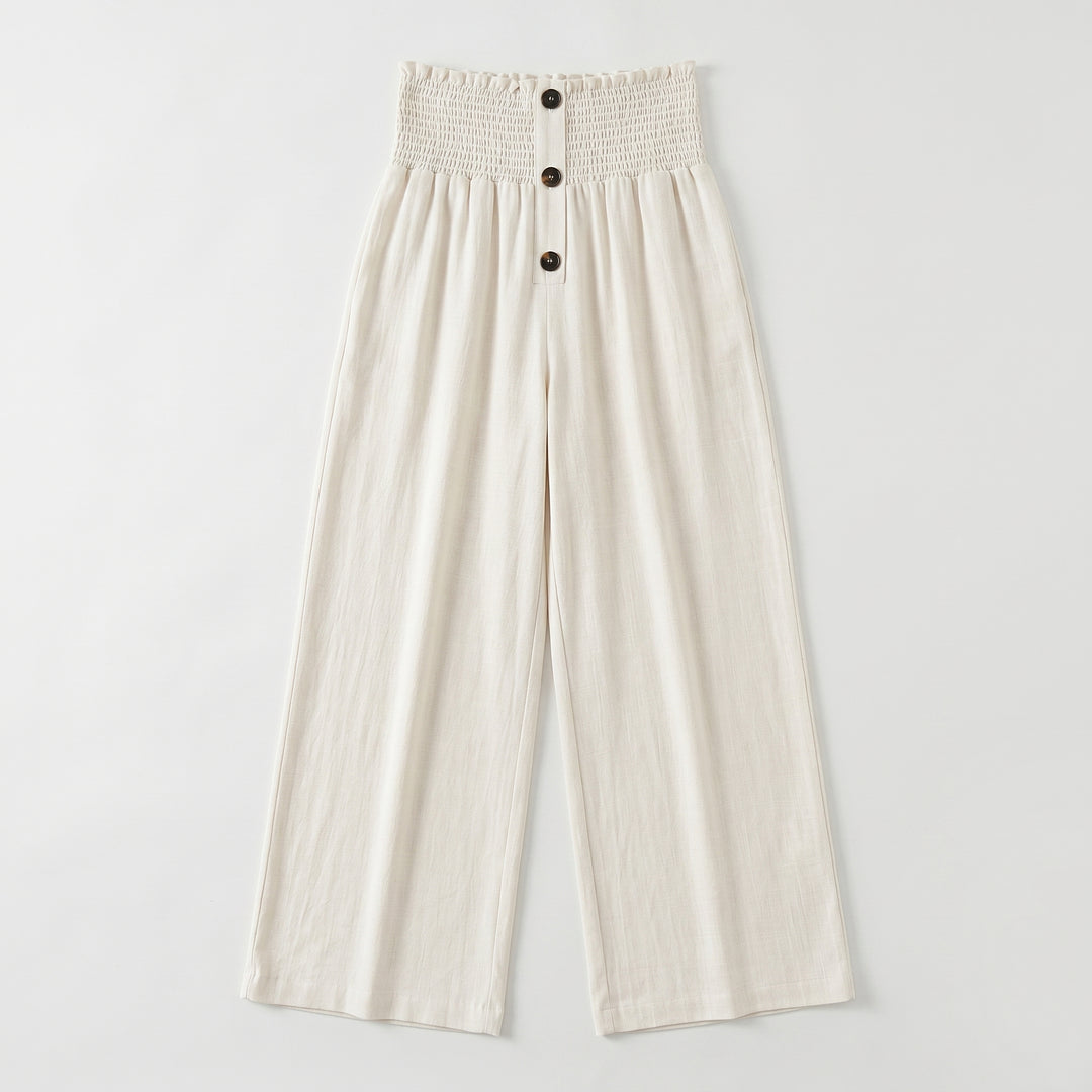 Weite Palazzo-Hose in Creme mit Smockbund und Knöpfen, Flat-Lay
