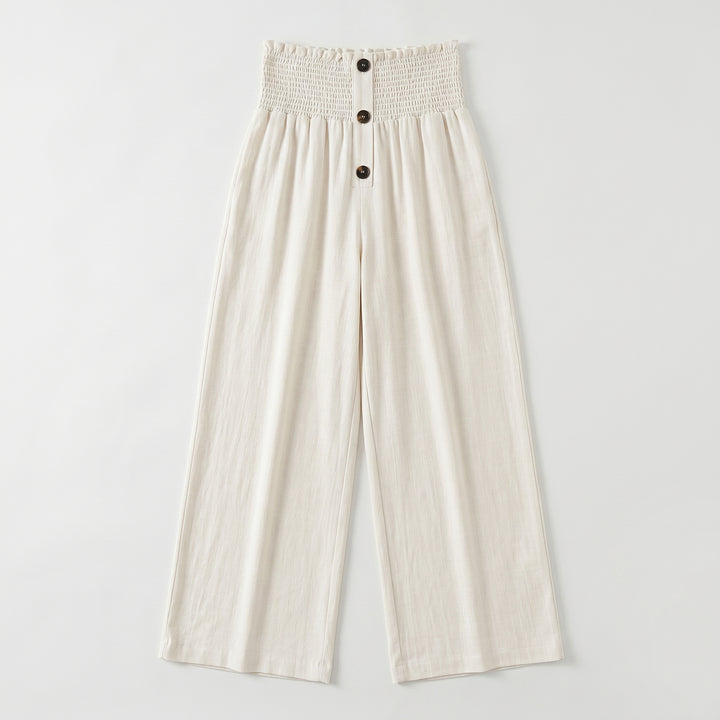 Weite Palazzo-Hose in Creme mit Smockbund und Knöpfen, Flat-Lay