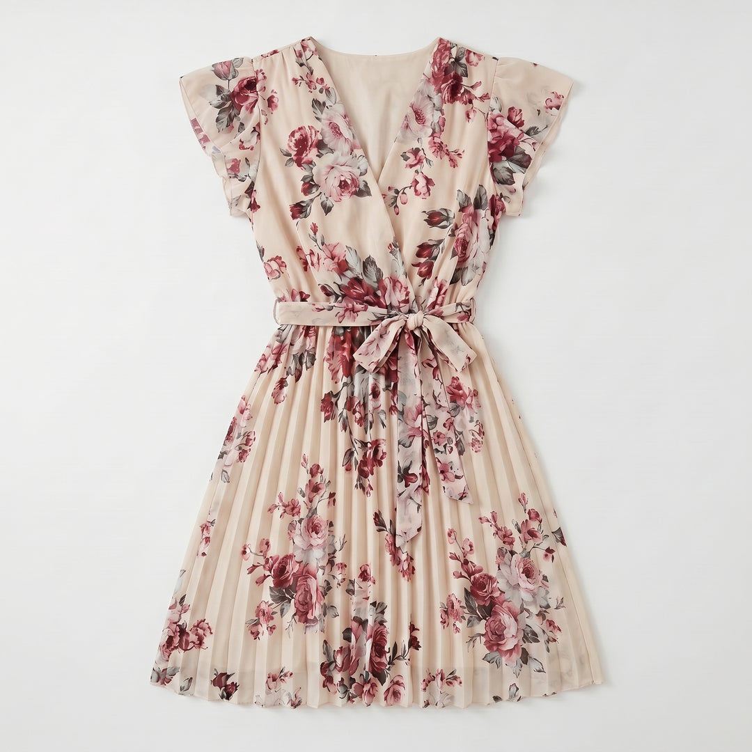 Aprikosefarbenes Blumenkleid mit V-Ausschnitt und Plisseerock, Flachansicht
