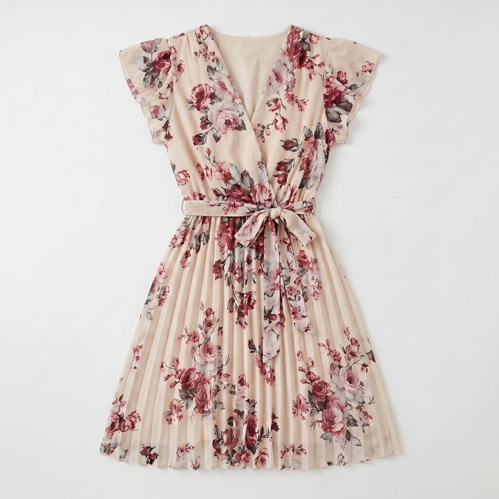 Aprikosefarbenes Blumenkleid mit V-Ausschnitt und Plisseerock, Flachansicht