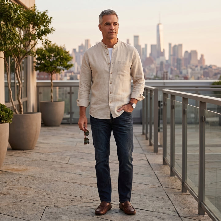 Herren Leinenhemd Beige kombiniert mit Jeans, Lifestyle auf Dachterrasse mit Stadtpanorama