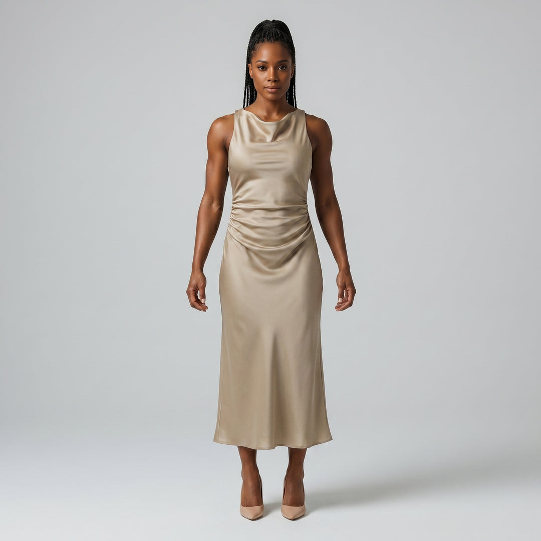 Satin Midikleid Khaki, tiefer Rückenausschnitt, Rückenansicht