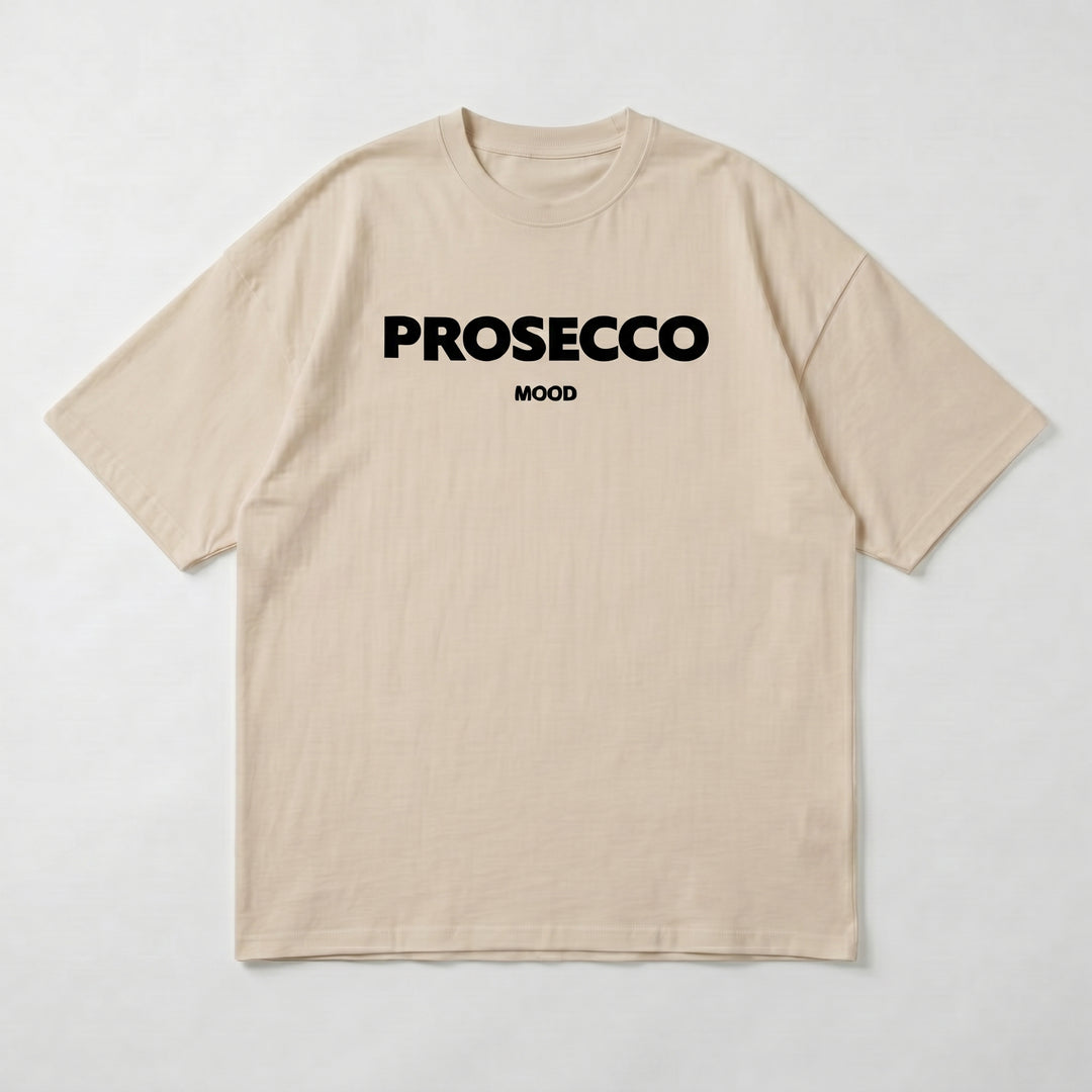 Beiges Oversized T-Shirt mit PROSECCO MOOD Aufdruck, Flat-Lay Produktansicht
