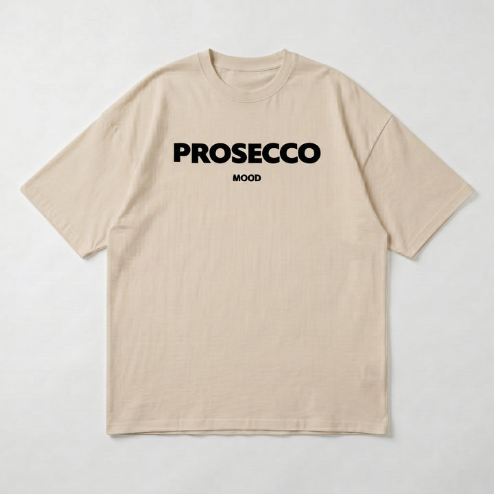 Beiges Oversized T-Shirt mit PROSECCO MOOD Aufdruck, Flat-Lay Produktansicht