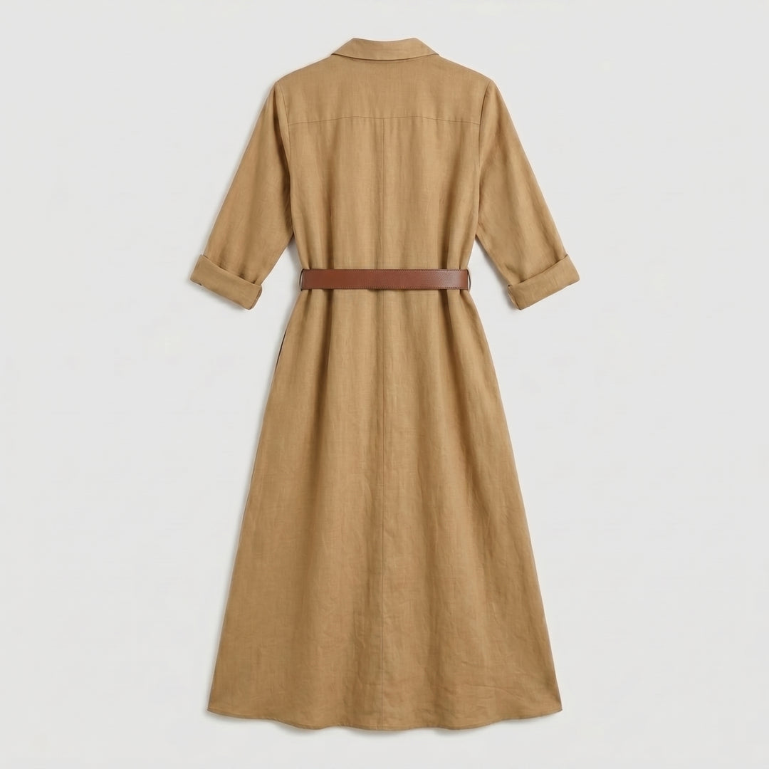 Damen Maxikleid Schwarz mit Taillengürtel und Umlegekragen, Vorderansicht