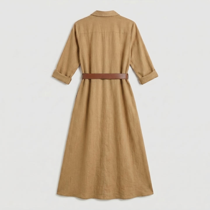 Damen Maxikleid Schwarz mit Taillengürtel und Umlegekragen, Vorderansicht