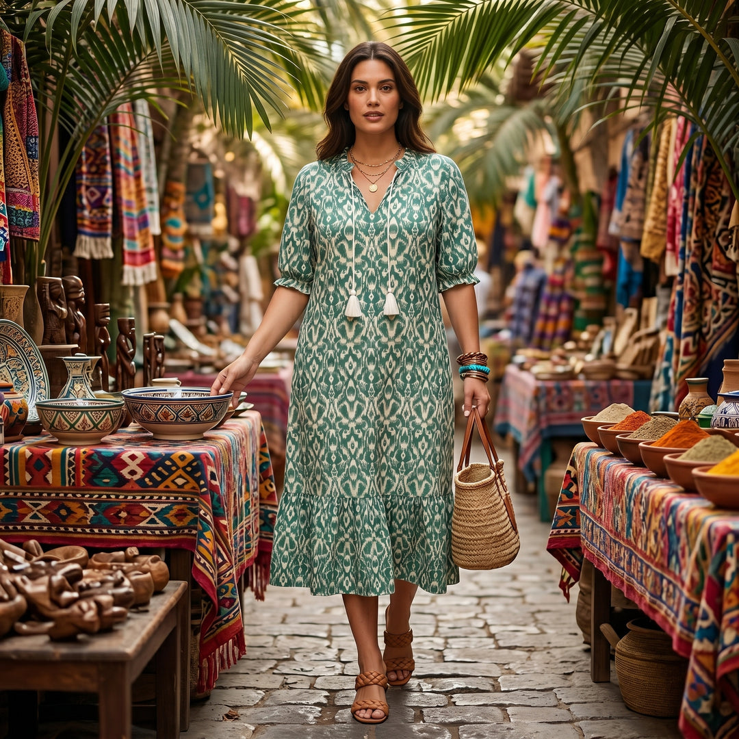 Damen-Maxikleid Grün Ikat-Muster, Lifestyle orientalischer Markt