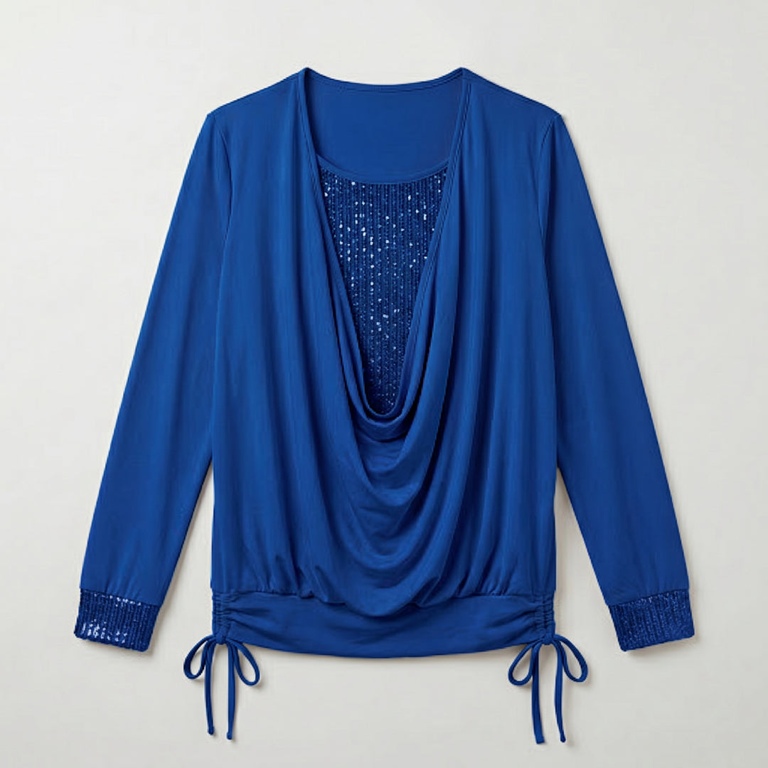 Langarmbluse in Royalblau, Flat-Lay mit Paillettenbesatz
