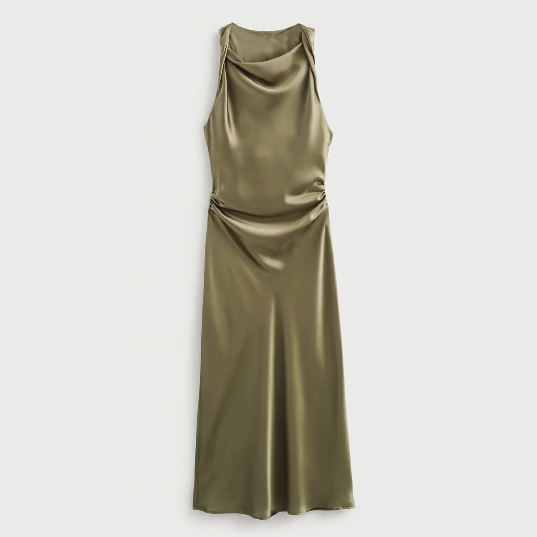 Satin Slip Midikleid Blau mit Wasserfallausschnitt und Spaghettiträgern, Frontansicht
