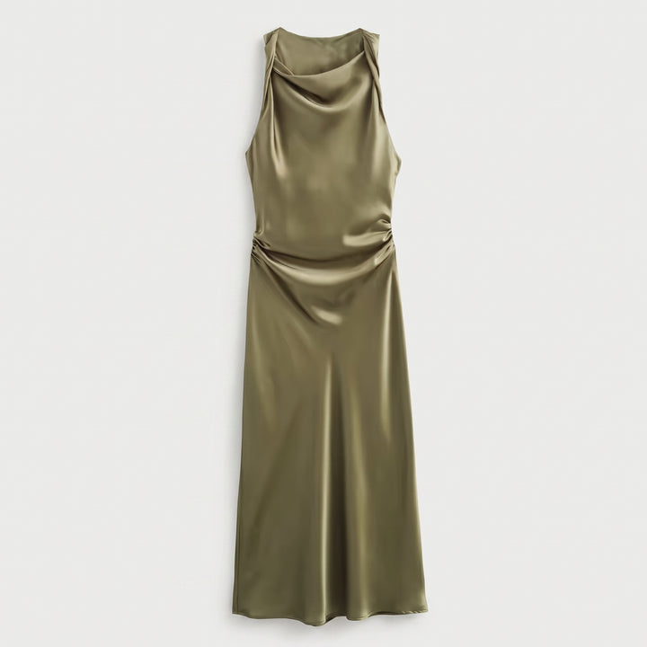 Satin Slip Midikleid Blau mit Wasserfallausschnitt und Spaghettiträgern, Frontansicht