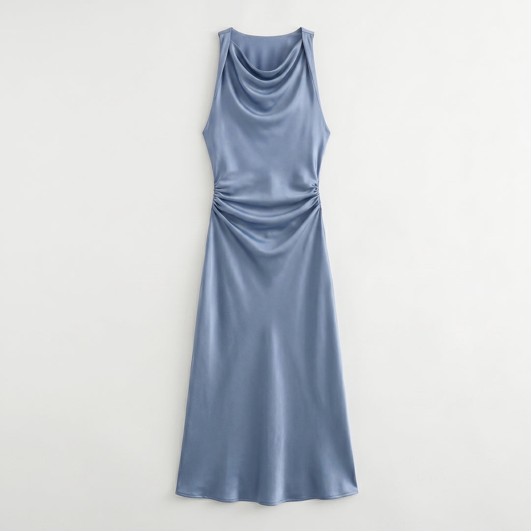 Damen Satin Slip Midikleid mit Wasserfallausschnitt