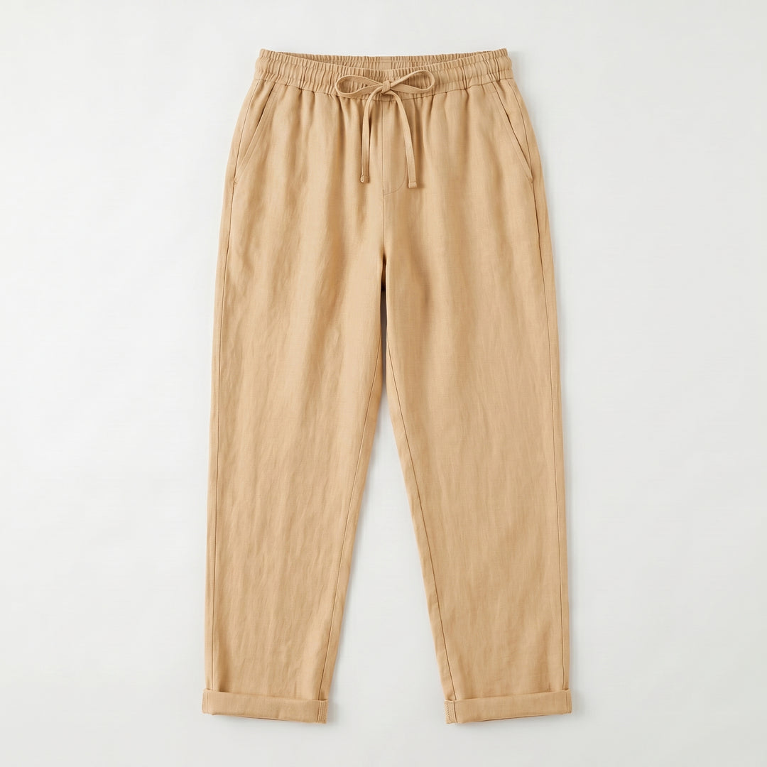 Leinenhose Khaki Flat-Lay, Kordelzug-Bund, leichter natürlicher Stoff