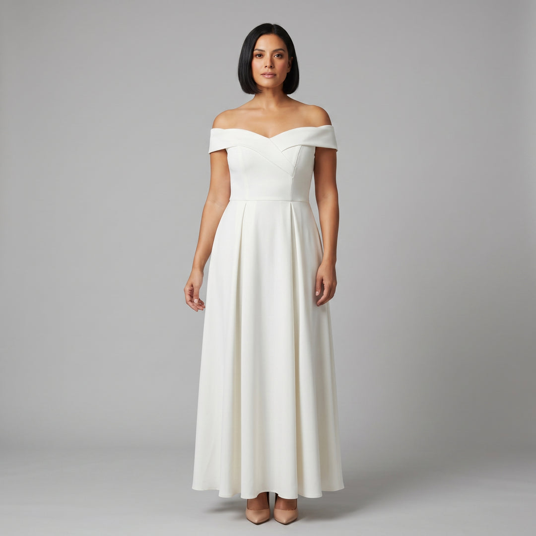 Cremeweißes Off-Shoulder Abendkleid in A-Linie, bodenlang, Vorderansicht