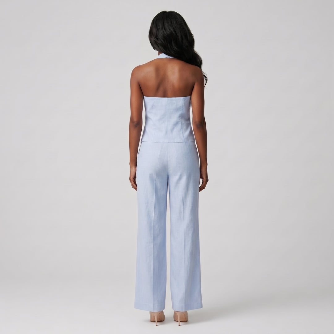 Hellblaues Damen-Set Rückenansicht, rückenfreie Weste mit Neckholder und weite Hose