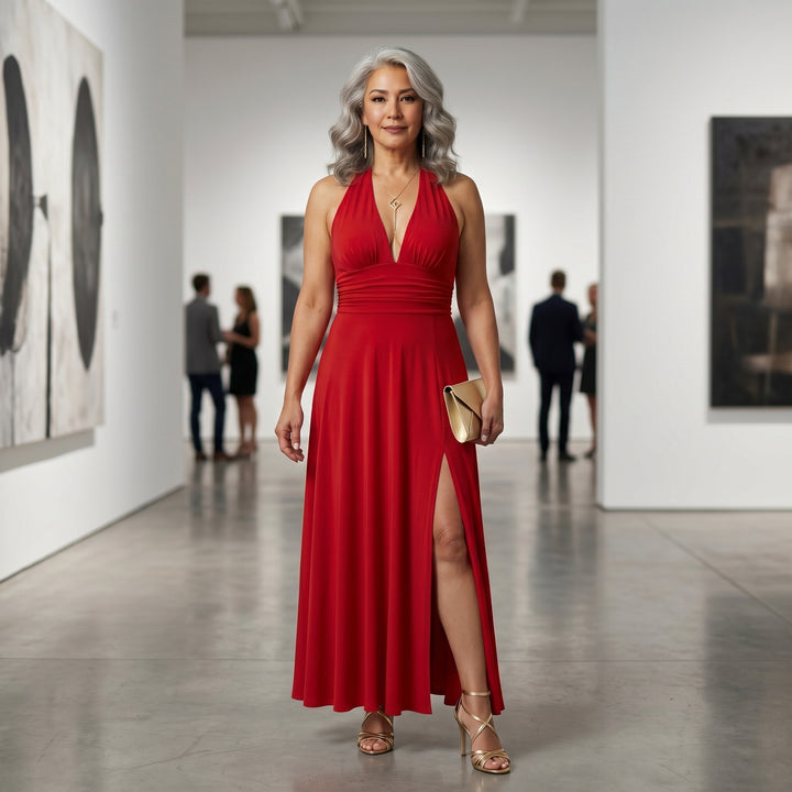 Damen Maxikleid Rot Neckholder V-Ausschnitt Schlitz Lifestyle Abendveranstaltung Galerie