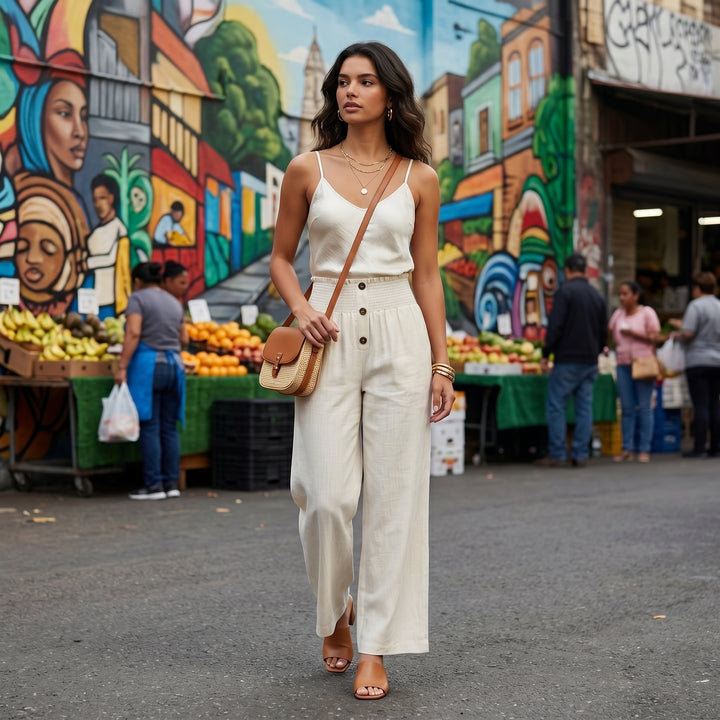 Weite Hose in Creme im urbanen Lifestyle-Styling mit Cami-Top
