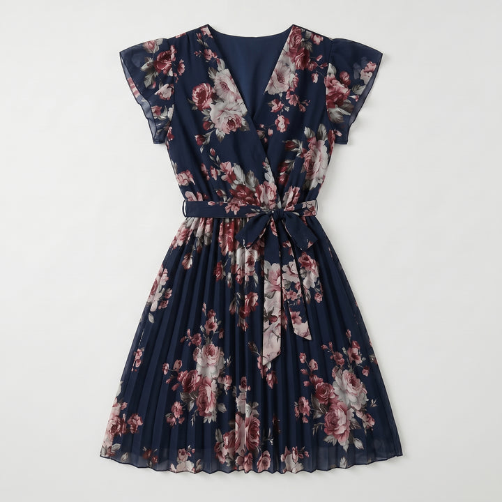 Schwarzes Blumenkleid mit V-Ausschnitt und Plisseerock, Flachansicht