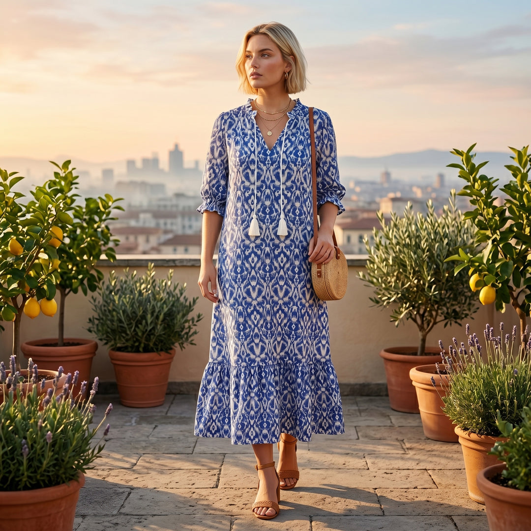 Damen-Maxikleid Blau Ikat-Muster, Lifestyle mediterrane Terrasse