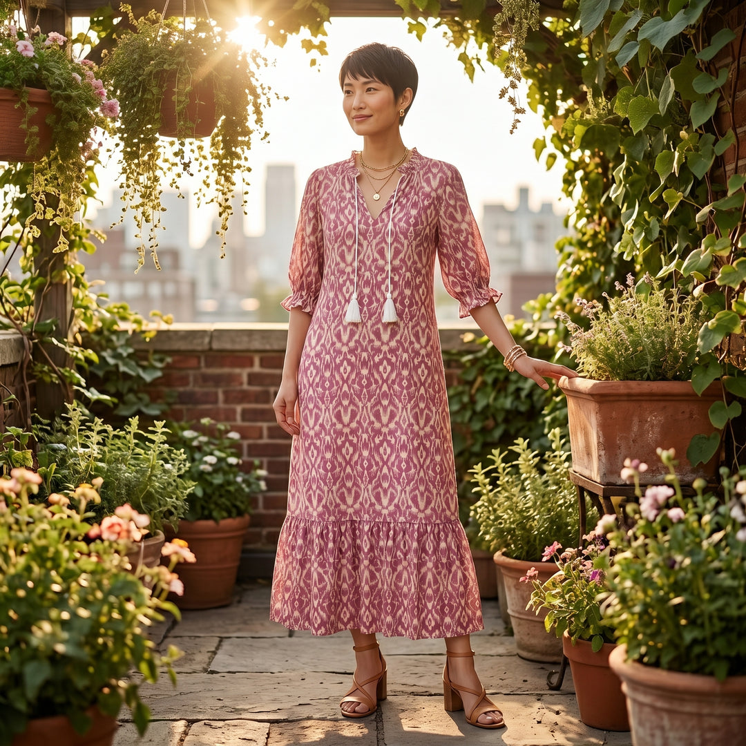 Damen-Maxikleid Rosa Ikat-Muster, Lifestyle Dachterrasse mit Blumen