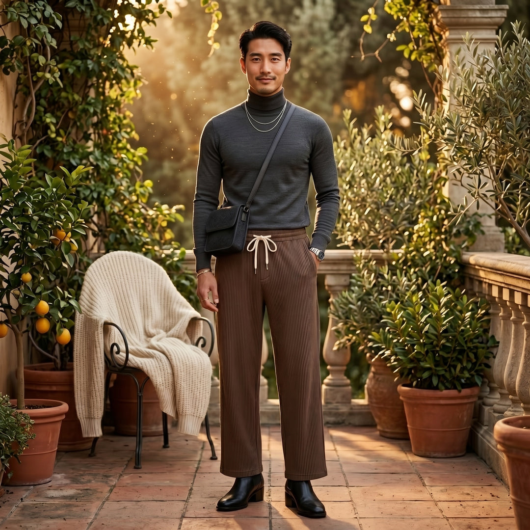 Herren Cordhose in Braun mit grauem Rollkragenpullover kombiniert, Styling auf mediterraner Terrasse