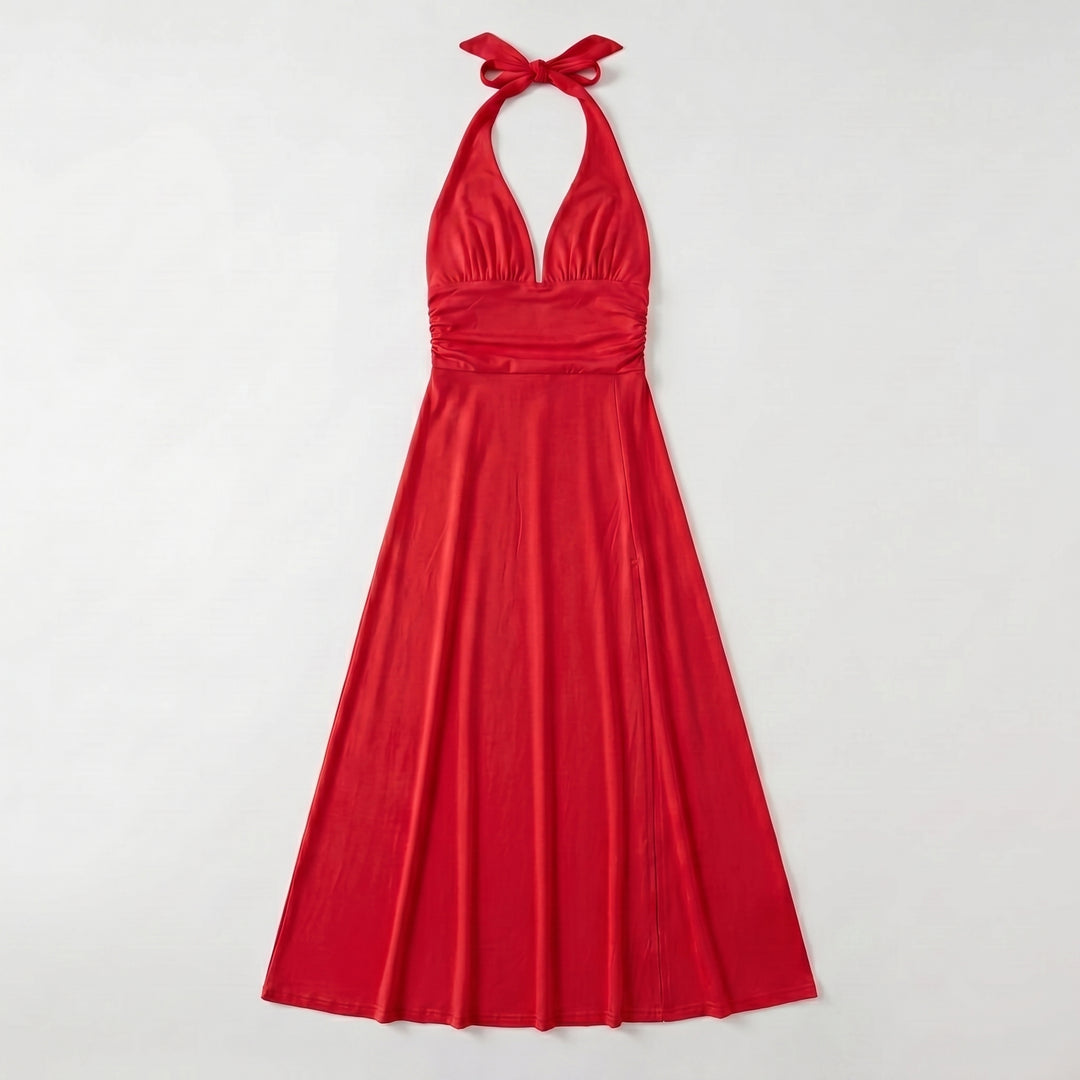Damen Maxikleid Rot Neckholder tiefer V-Ausschnitt A-Linie Schlitz Flat-lay