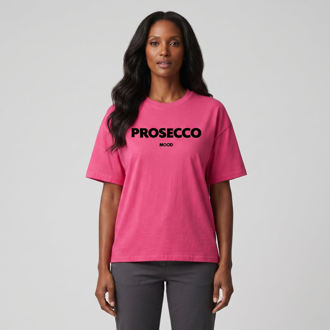 Pinkes Oversized T-Shirt mit schwarzem PROSECCO MOOD Aufdruck, Vorderansicht