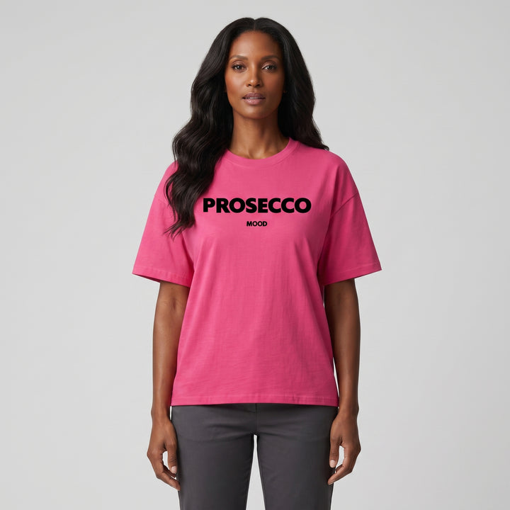 Pinkes Oversized T-Shirt mit schwarzem PROSECCO MOOD Aufdruck, Vorderansicht